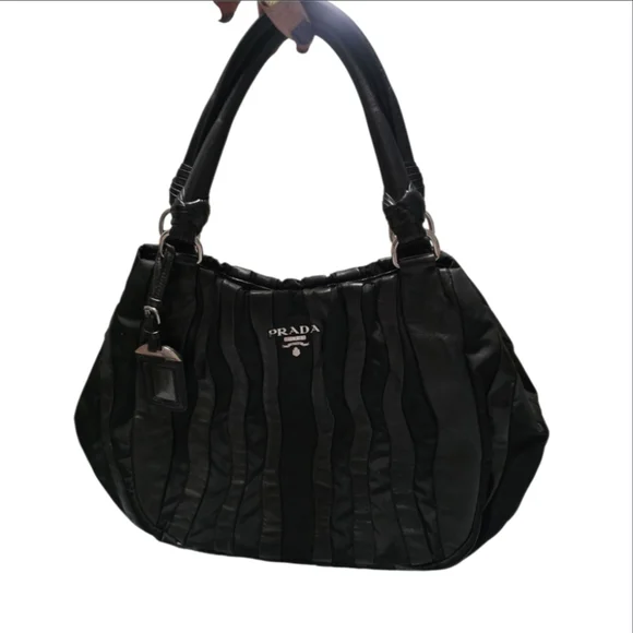 Prada Black Tessuto Nylon And Nappa Leather Waves Bag W/ COA and DUSTBAG